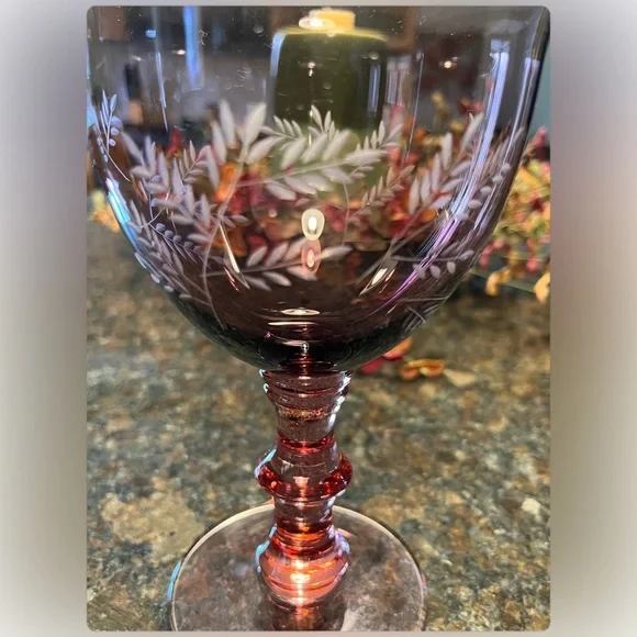 Vintage-Set of Three Purple Wheat Etched Wine/Water Goblets. - Picture 3 of 5